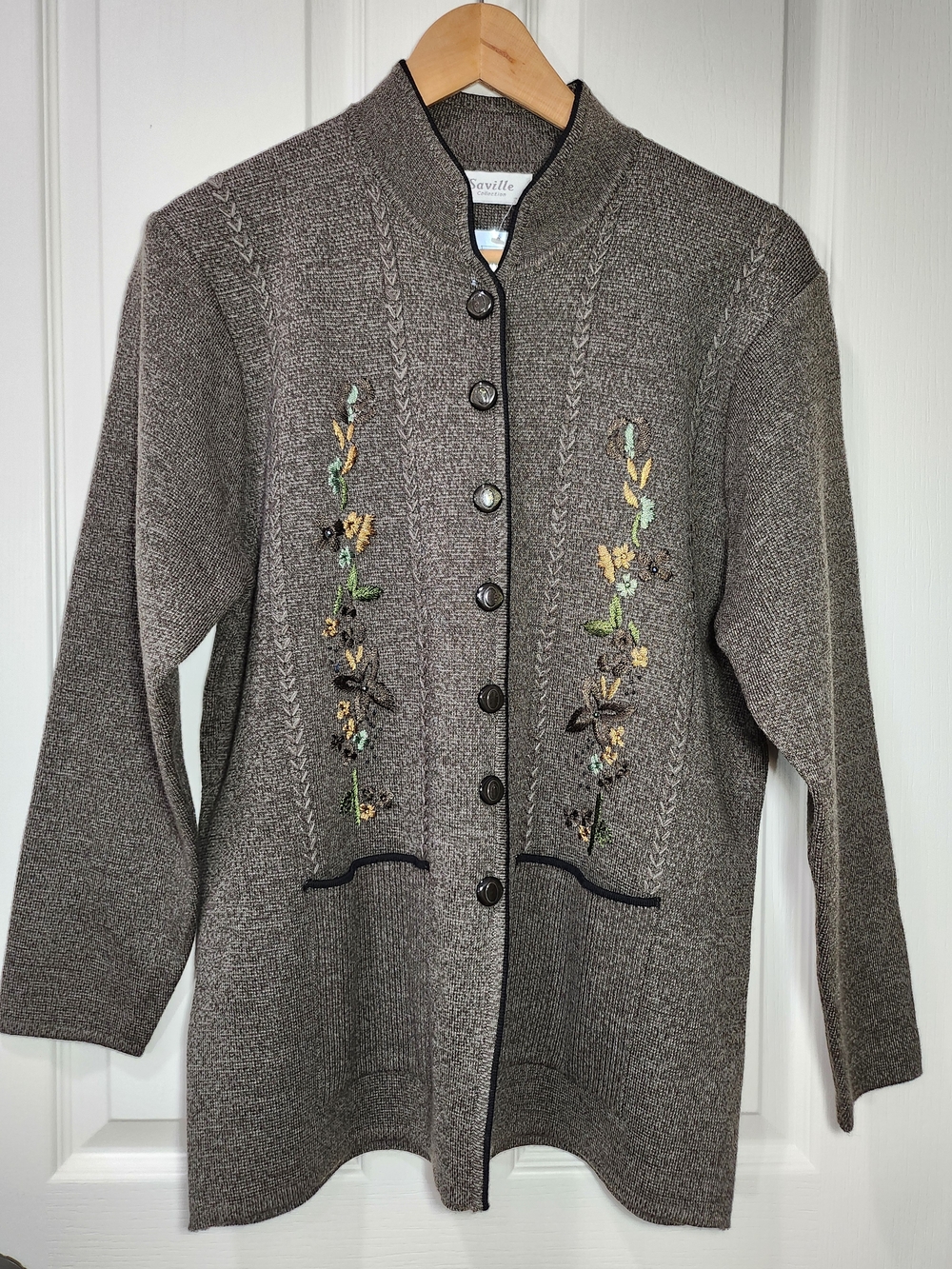 VTG NWT Saville Collection Floral Embroidered Wool Blend Cardigan Olive Brown M